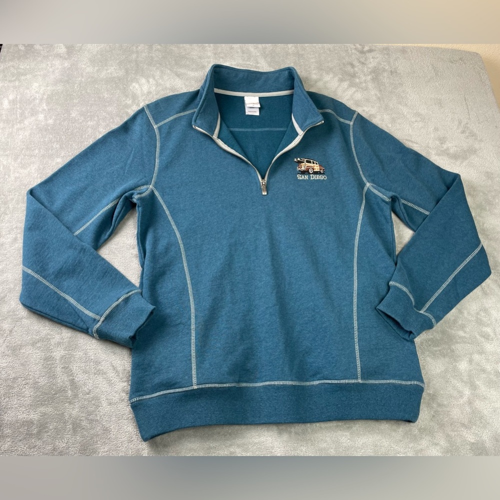 Crazy Shirts Hawaii Sweater Mens Size Medium L Blue 1/4 Zip San Diego Surf Wagon